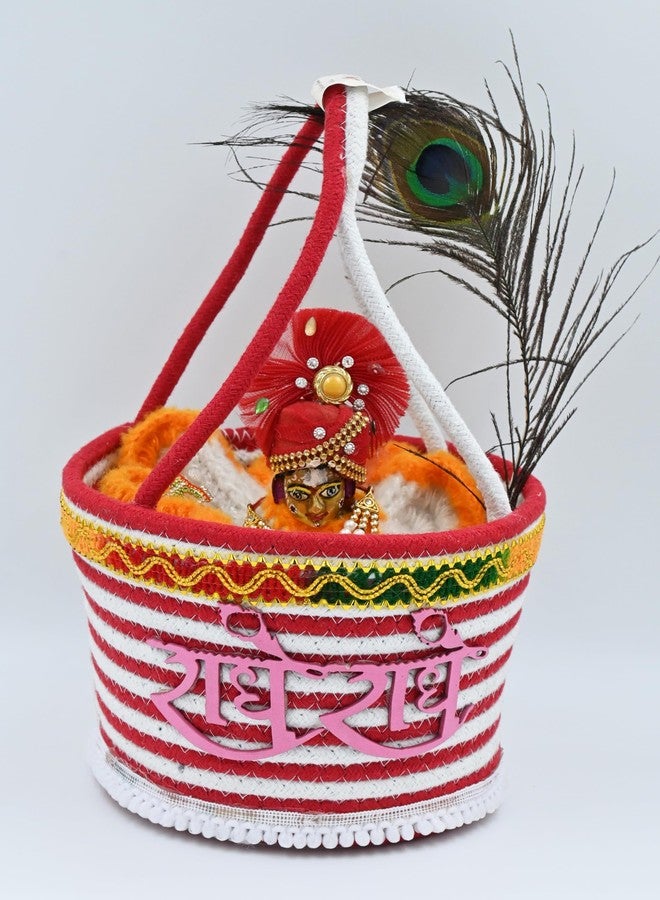 vihs Round Bal Gopal Thakur Ji Decorative Cary Basket/Daily Uses/Tokri With Suitable Handle For Travelling Laddu Gopal Relex Cotton Basket Multicolor Pack Of 1 (Size: 0-5) Eco- Friendly - Image 1