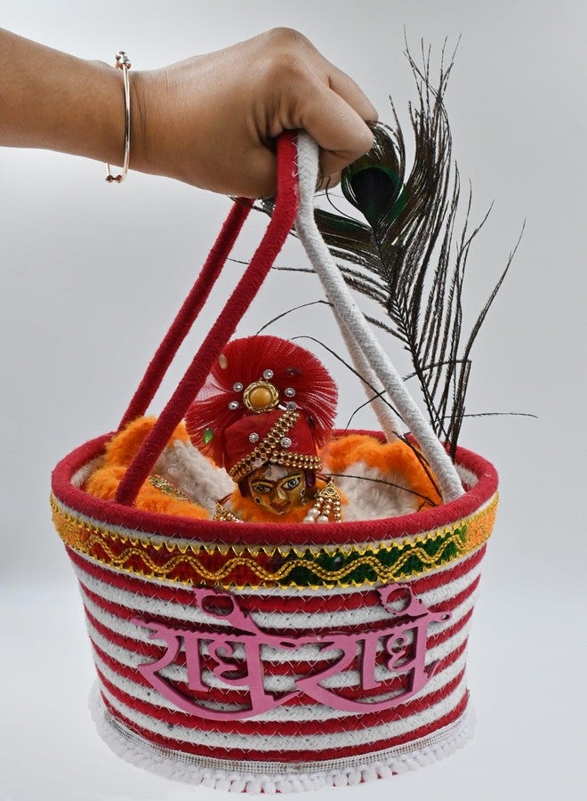 vihs Round Bal Gopal Thakur Ji Decorative Cary Basket/Daily Uses/Tokri With Suitable Handle For Travelling Laddu Gopal Relex Cotton Basket Multicolor Pack Of 1 (Size: 0-5) Eco- Friendly - Image 2