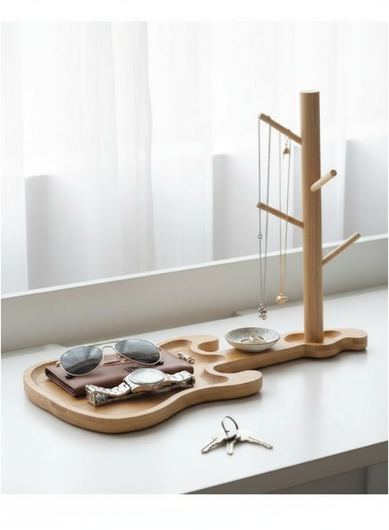 Happy Home Natural Bamboo Guitar-Shaped Key Organizer Tray – Japanese-Style Decorative Base with Four Hooks for Keys, Jewelry, Watches, and Accessories – Multipurpose Entryway Organizer for Home, Office, Living Room, and Bedroom - Image 1