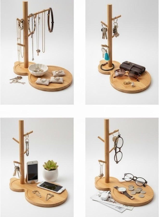 Happy Home Natural Bamboo Guitar-Shaped Key Organizer Tray – Japanese-Style Decorative Base with Four Hooks for Keys, Jewelry, Watches, and Accessories – Multipurpose Entryway Organizer for Home, Office, Living Room, and Bedroom - Image 3