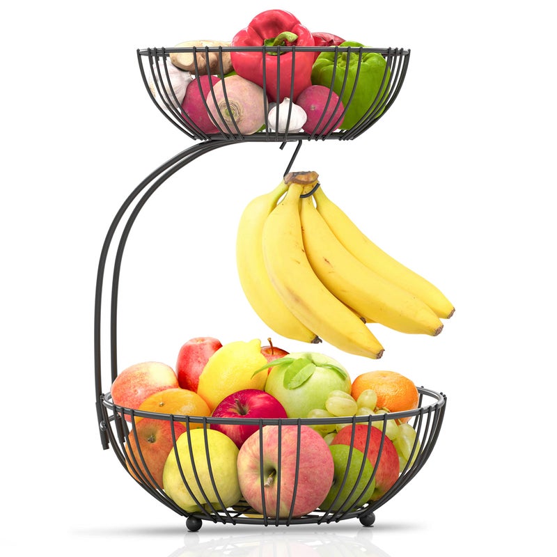 RICCLE Fruit Basket For Kitchen Counter  Fruit Basket With Banana Hanger  Double Layer Metal Wire Fruit Bowl For Kitchen Countertop  Fruit Holder For Produce Vegetables Kitchen