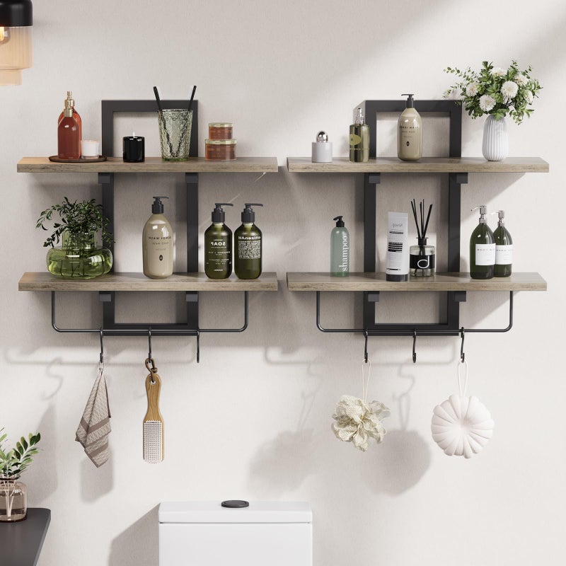Creso hom Floating Shelves for Wall Set of 2, Wood Wall Shelf with 6 Hooks, 2 Tier Hanging Decorative Storage Shelves for Living Room Bedroom Bathroom Kitchen Office Coffee Bar, Greige - Image 2