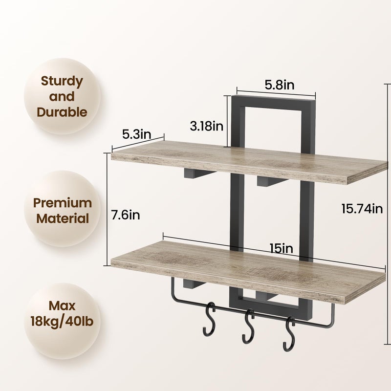 Creso hom Floating Shelves for Wall Set of 2, Wood Wall Shelf with 6 Hooks, 2 Tier Hanging Decorative Storage Shelves for Living Room Bedroom Bathroom Kitchen Office Coffee Bar, Greige - Image 5