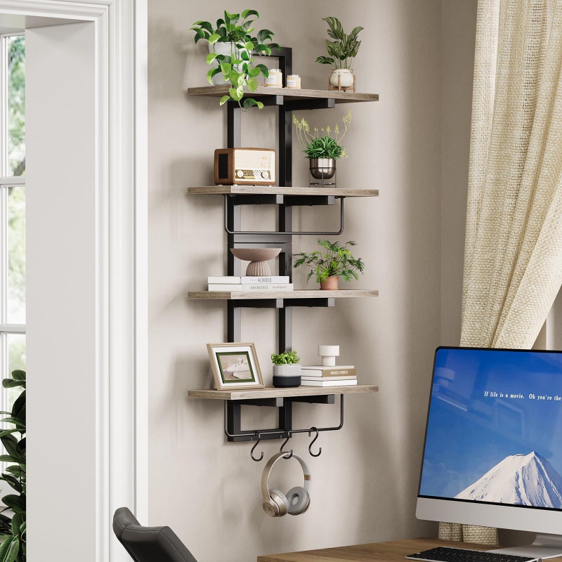Creso hom Floating Shelves for Wall Set of 2, Wood Wall Shelf with 6 Hooks, 2 Tier Hanging Decorative Storage Shelves for Living Room Bedroom Bathroom Kitchen Office Coffee Bar, Greige - Image 3