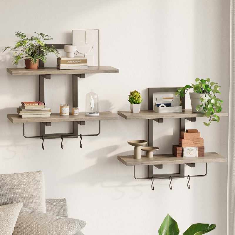Creso hom Floating Shelves for Wall Set of 2, Wood Wall Shelf with 6 Hooks, 2 Tier Hanging Decorative Storage Shelves for Living Room Bedroom Bathroom Kitchen Office Coffee Bar, Greige - Image 1