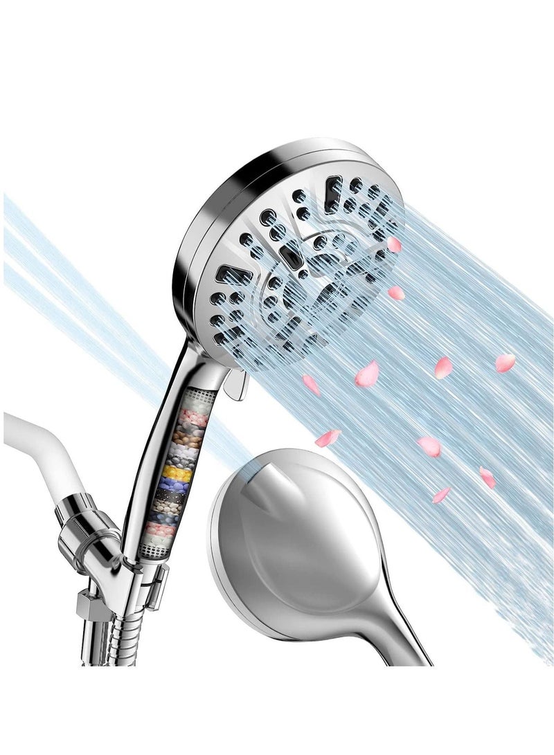 NIBEMINENT Filtered Shower Head 3 piece set, 15 Stage Handheld Filter for Hard Water, 10 Modes High Pressure Water with 60" Hose and Bracket, Remove Chlorine Harmful Subst - Image 1