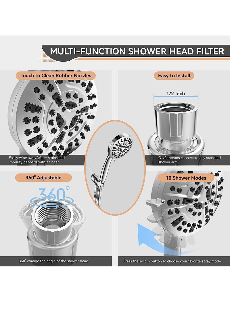 NIBEMINENT Filtered Shower Head 3 piece set, 15 Stage Handheld Filter for Hard Water, 10 Modes High Pressure Water with 60" Hose and Bracket, Remove Chlorine Harmful Subst - Image 3