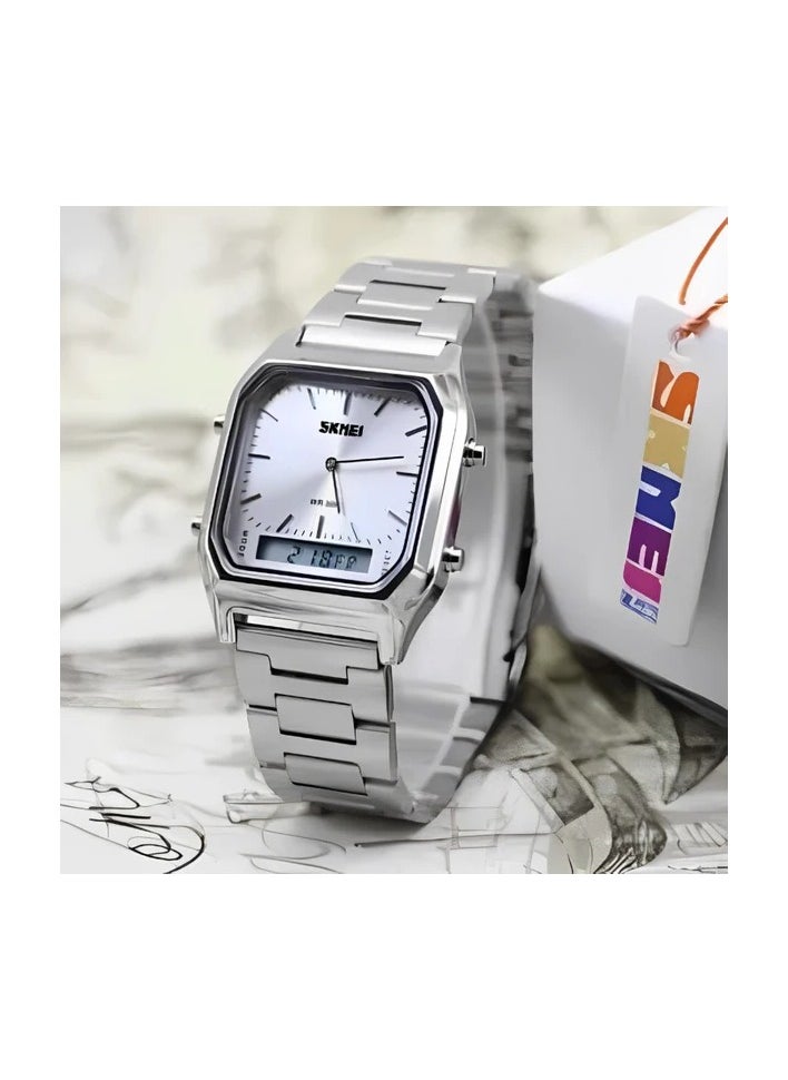 SKMEI - SKMEI 1220 Stainless Steel Silver Wrist Watches Square Face Classic Analog Digital Watch - Image 1