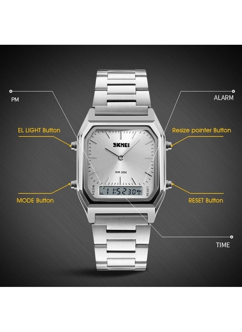 SKMEI - SKMEI 1220 Stainless Steel Silver Wrist Watches Square Face Classic Analog Digital Watch - Image 1