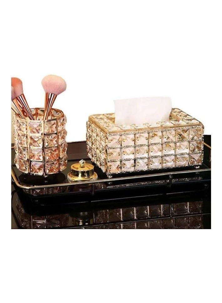 طقم فاخر مكون من علبة مناديل وحامل فرش ذهبي لامع - ديكور منزلي جميل وانيق - Image 1