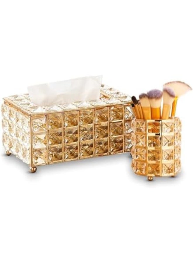 طقم فاخر مكون من علبة مناديل وحامل فرش ذهبي لامع - ديكور منزلي جميل وانيق - Image 2