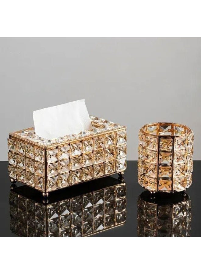 طقم فاخر مكون من علبة مناديل وحامل فرش ذهبي لامع - ديكور منزلي جميل وانيق - Image 3