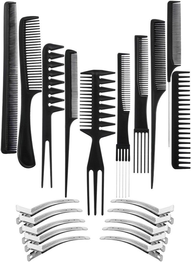 E-DUNIA Barber Styling Comb Set of 10 Pieces for Hair Comb Clip Set for Women and Men by Duck Bill Clips Hair Cutting Salon Anti-Static Stylists (Black) - Image 1
