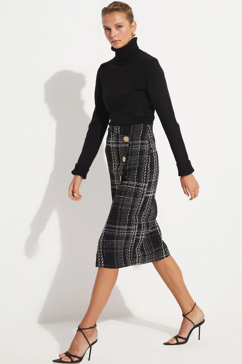 JUNE Women's Plaid Patterned Button Detailed Midi Pencil Skirt
