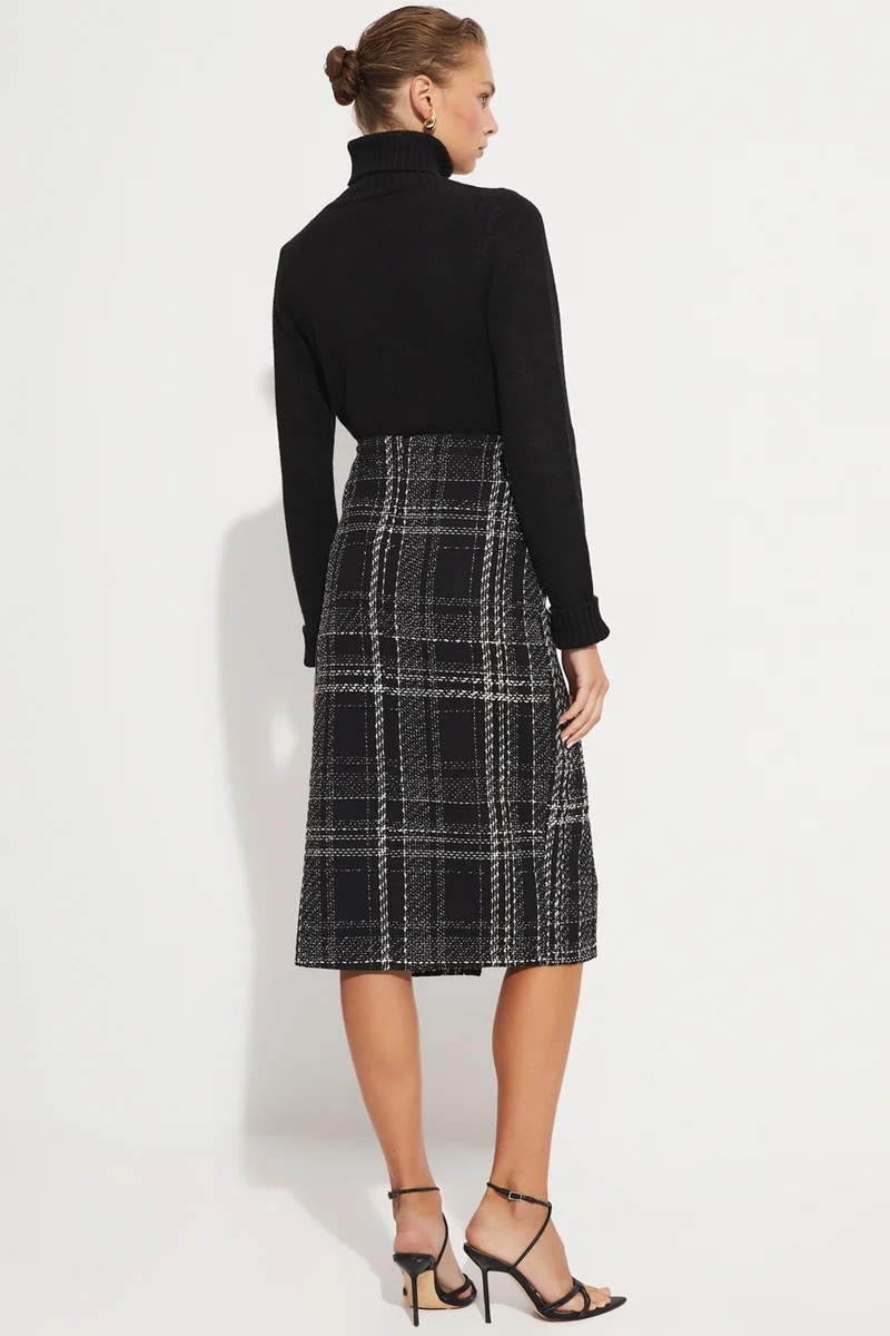JUNE Women's Plaid Patterned Button Detailed Midi Pencil Skirt