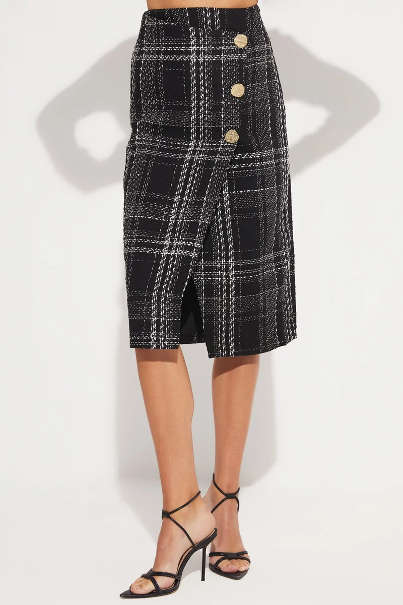 JUNE Women's Plaid Patterned Button Detailed Midi Pencil Skirt