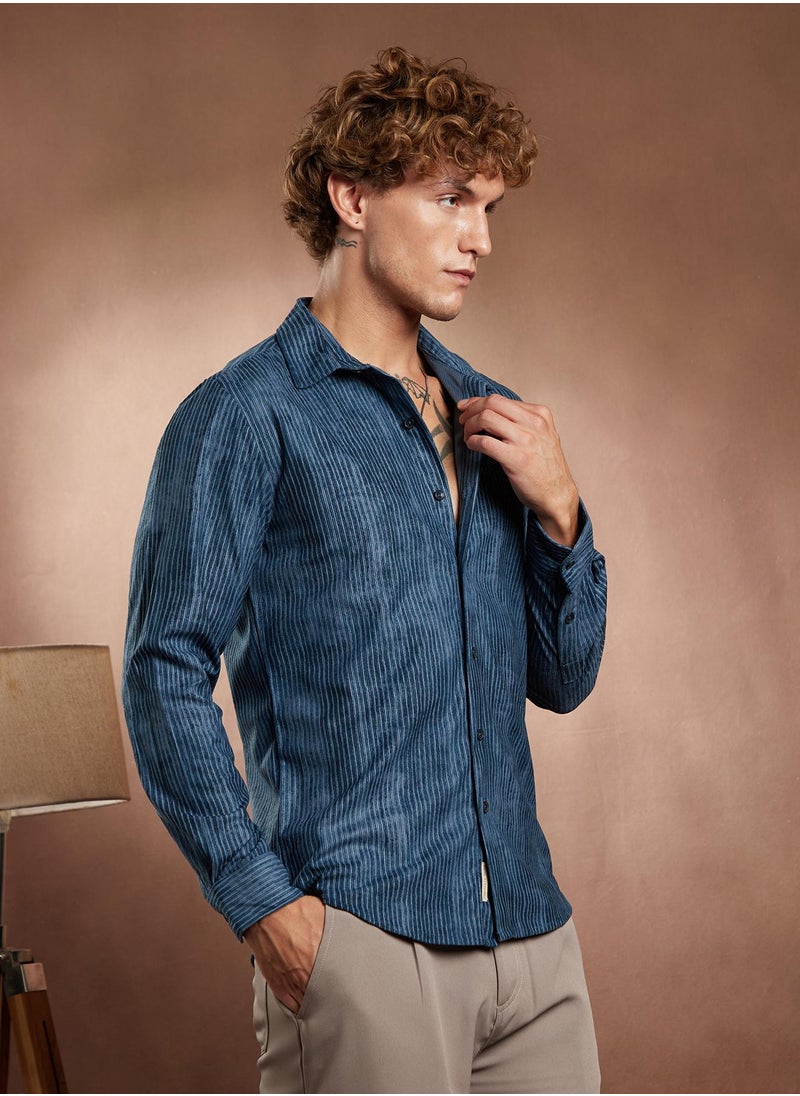 Campus Sutra Campus Sutra Men's Indigo Blue Ribbed-Corduroy Shirt For Casual Wear | Spread Collar | Long Cuffed Sleeves | Button Closure | Shirt Crafted With Comfort Fit For Everyday Wear  - Image 3