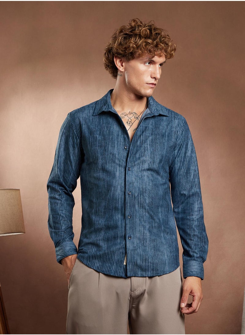 Campus Sutra Campus Sutra Men's Indigo Blue Ribbed-Corduroy Shirt For Casual Wear | Spread Collar | Long Cuffed Sleeves | Button Closure | Shirt Crafted With Comfort Fit For Everyday Wear  - Image 2