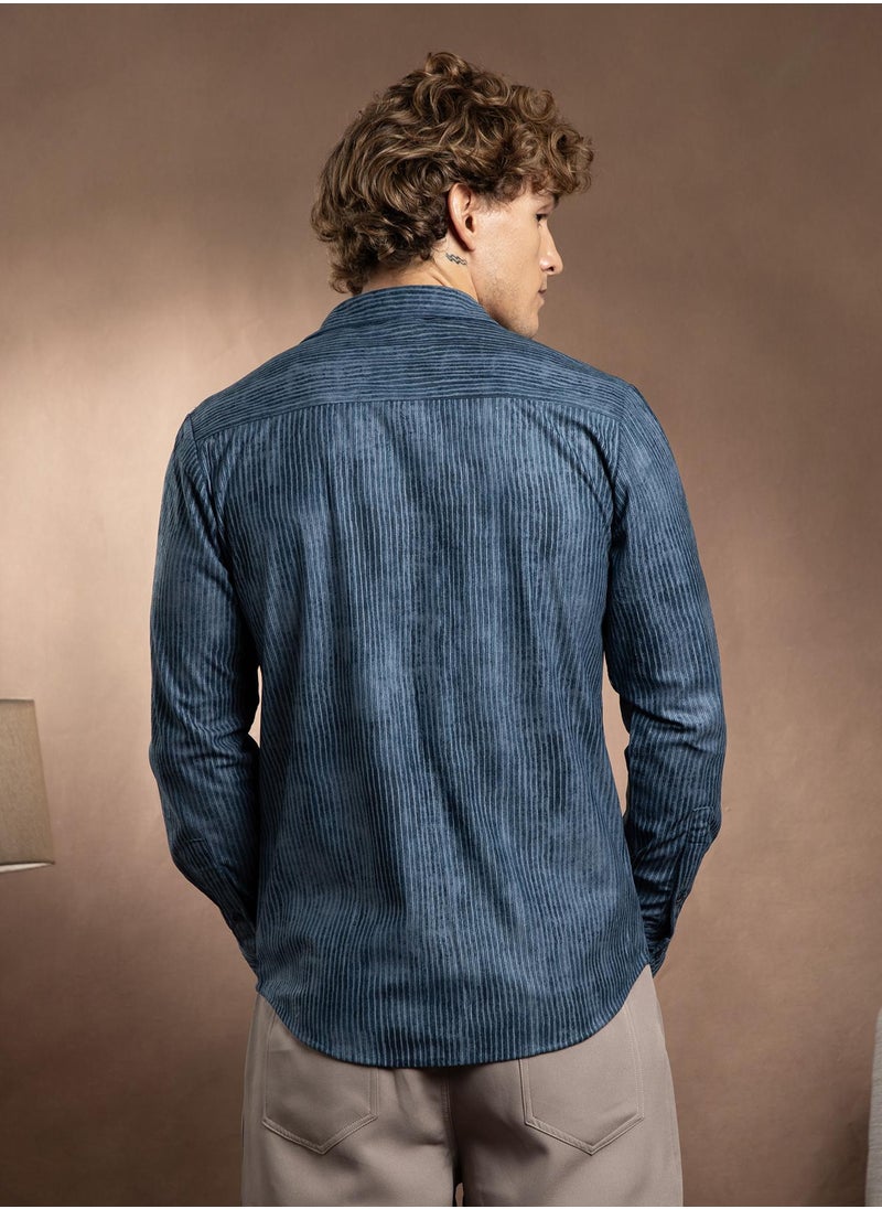 Campus Sutra Campus Sutra Men's Indigo Blue Ribbed-Corduroy Shirt For Casual Wear | Spread Collar | Long Cuffed Sleeves | Button Closure | Shirt Crafted With Comfort Fit For Everyday Wear  - Image 5