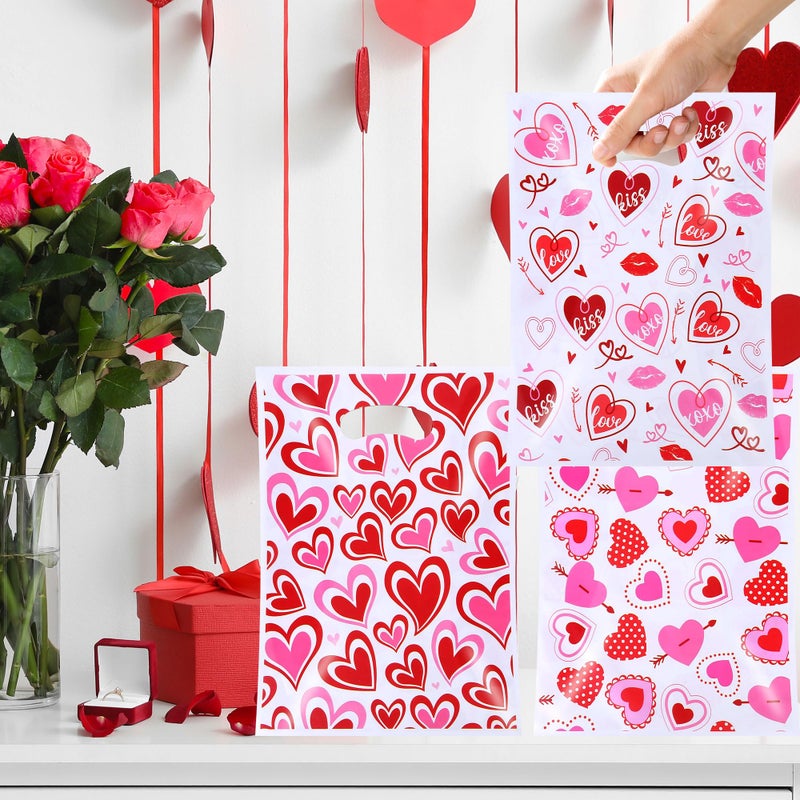 FUULOXE 100 Pcs Valentine's Day Gift Bags with Handles, Heart Plastic Treat Bags for Party Favors, Candy, and Gift Exchange - Image 5