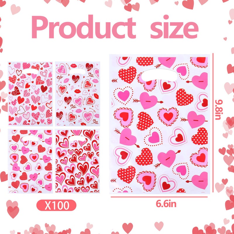 FUULOXE 100 Pcs Valentine's Day Gift Bags with Handles, Heart Plastic Treat Bags for Party Favors, Candy, and Gift Exchange - Image 2
