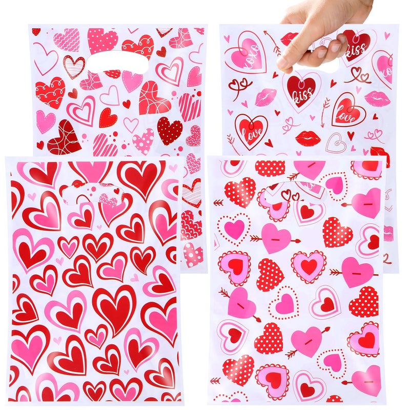 FUULOXE 100 Pcs Valentine's Day Gift Bags with Handles, Heart Plastic Treat Bags for Party Favors, Candy, and Gift Exchange - Image 1