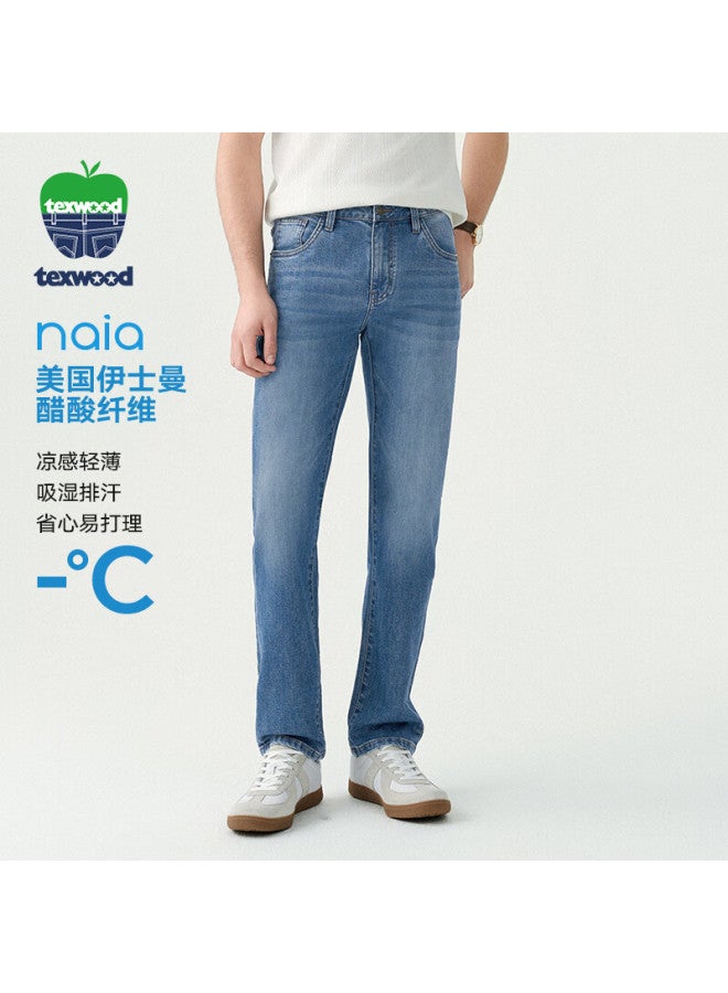 Texwood Apple Denim Jeans For Men, Summer Breathable Cool-feeling Straight-leg Business Casual Pants, Light Blue, Thin Style, Size 35 - Image 1