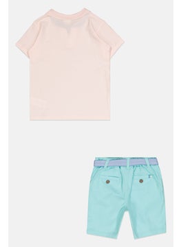 Little Gent Kids Boy 2Pcs Short Polo Shirt And Short Set, Pink/Turqouise  - Image 2