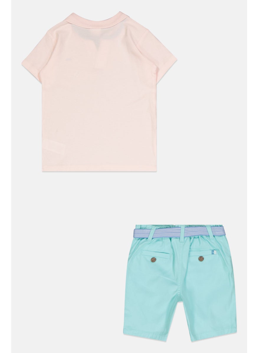 Little Gent Kids Boy 2Pcs Short Polo Shirt And Short Set, Pink/Turqouise  - Image 2