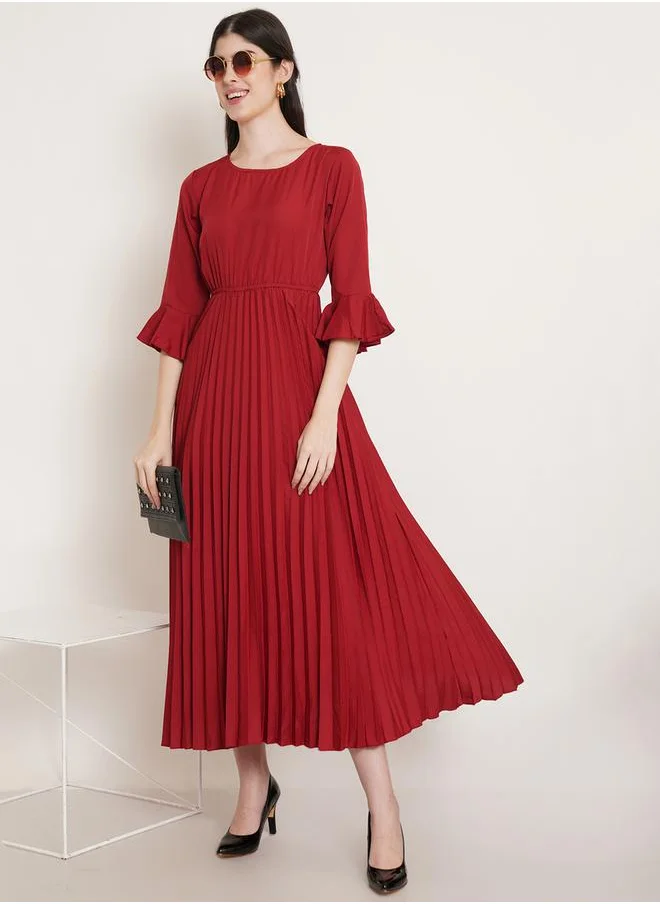 يو اّند اف Pleated A-Line Midi Dress with Bell Sleeves by Styli