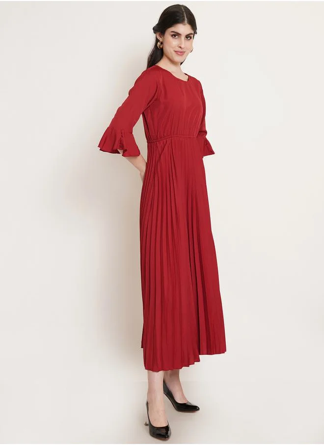 يو اّند اف Pleated A-Line Midi Dress with Bell Sleeves by Styli