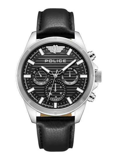 بوليس Men's Malawi Men's 45mm Multifunction Watch with Satin Black Dial, Stainless Steel Case & Black Leather Strap