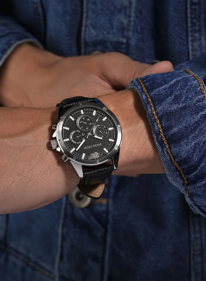 POLICE Men's Malawi Men's 45mm Multifunction Watch with Satin Black Dial, Stainless Steel Case & Black Leather Strap