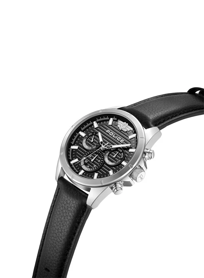 POLICE Malawi Men's 45mm Multifunction Watch with Satin Black Dial, Stainless Steel Case & Black Leather Strap