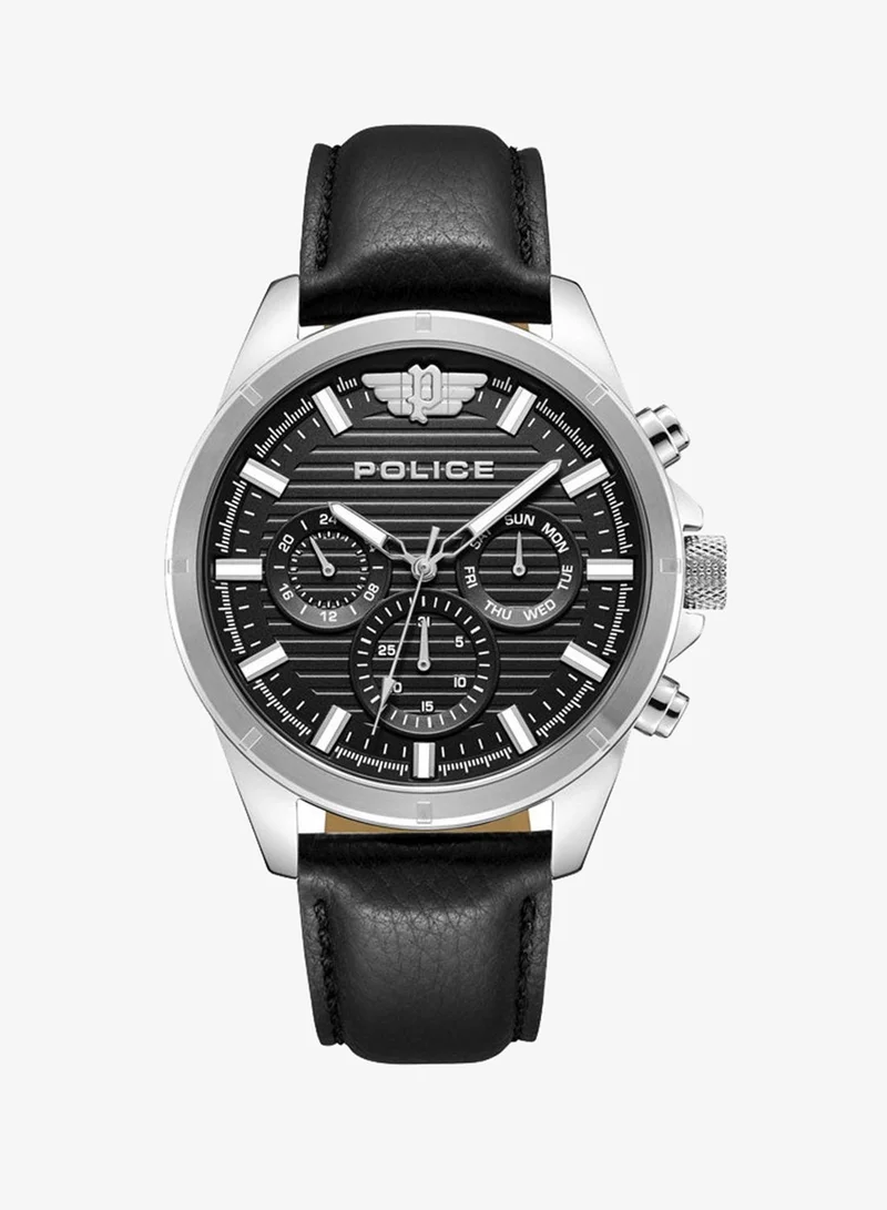 Malawi Men's 45mm Multifunction Watch with Satin Black Dial, Stainless Steel Case & Black Leather Strap