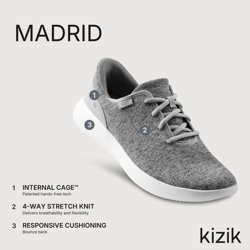 Kizik أحذية كيزك الرياضية: مدريد - مريحة للاستخدام طوال اليوم، سهولة الاستخدام بدون يدين، قمة نسيج قابلة للتنفس، أحذية مشي للرجال والنساء مع دعم للقوس - رمادي، M5 / W6.5 - Image 3
