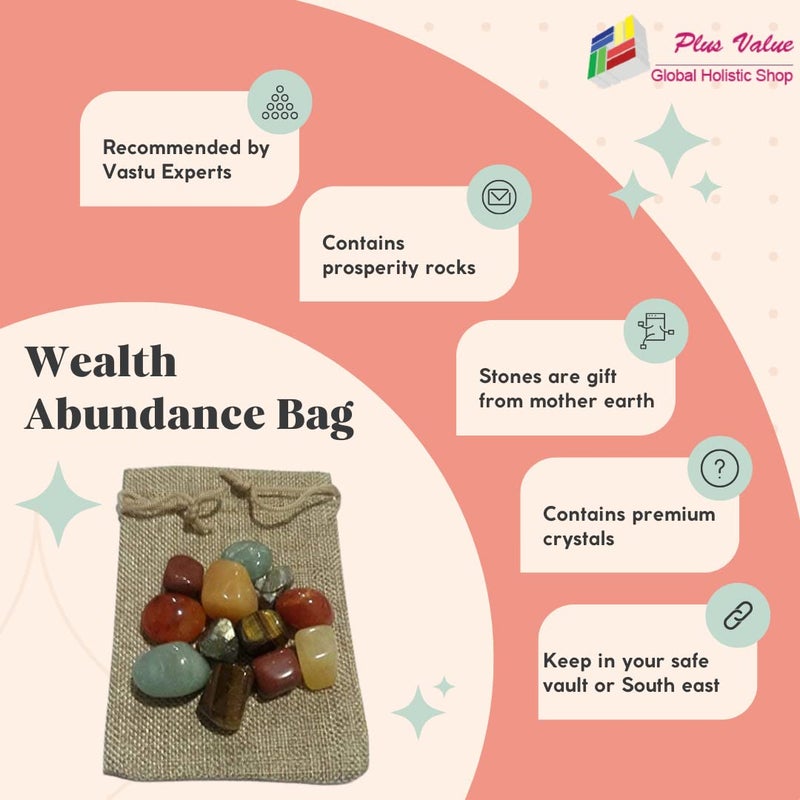 Plus Value Abundance Bag Handpicked Healing Crystals to Attract Wealth Prosperity Money Magnet Finance Vastu Feng Shui Reiki Pyrite Green Aventurine Tiger Eye Yellow Aventurine Red Jasper Carnelian - Image 3