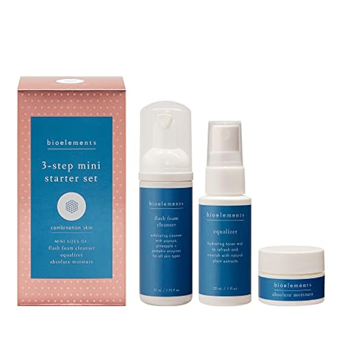 Bioelements 3-Step Mini Starter Set: Combination Skin - Includes Flash Foam Cleanser, Equalizer Toner & Absolute Moisture Moisturizer - Vegan, Gluten Free - Never Tested on Animals - Image 1