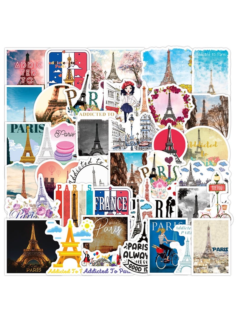 50pcs Paris Vintage Eiffel Tower Stickers for Girls Teens, Waterproof Travel Stickers for Laptop, Water Bottle, Phone, Computer, Skateboard, Bike, Luggage, Notebook, Scrapbook, Guitar, Journal - Image 1