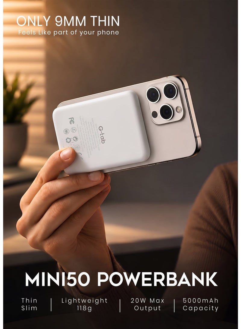 جي تاب G-Tab MINI50 بنك طاقة مغناطيسي بسعة 5000 مللي أمبير | شحن سريع 20 واط | شاحن لاسلكي MagSafe نحيف ومحمول مع كابل | متوافق مع آيفون وأندرويد - Image 3