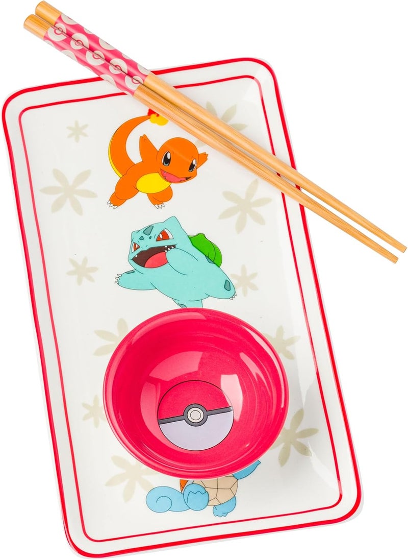 Silver Buffalo Pokemon Original Starters Featuring Charmander Bulbasaur Squirtle and Pikachu Pokeball Ceramic Sushi Set with Dipping Sauce Dish and Matching Chopsticks - Image 1