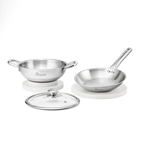 Punyami Triply Stainless Steel Cookware Set (3 Piece) - 22cm Kadai with Glass Lid & 24cm Fry Pan | Induction Friendly, No Chemical Coating, Heavy Duty Tri-Ply Bottom | 5 Years Warranty, Silver - Image 1