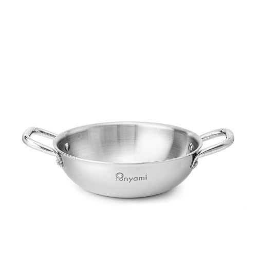 Punyami Triply Stainless Steel Cookware Set (3 Piece) - 22cm Kadai with Glass Lid & 24cm Fry Pan | Induction Friendly, No Chemical Coating, Heavy Duty Tri-Ply Bottom | 5 Years Warranty, Silver - Image 2