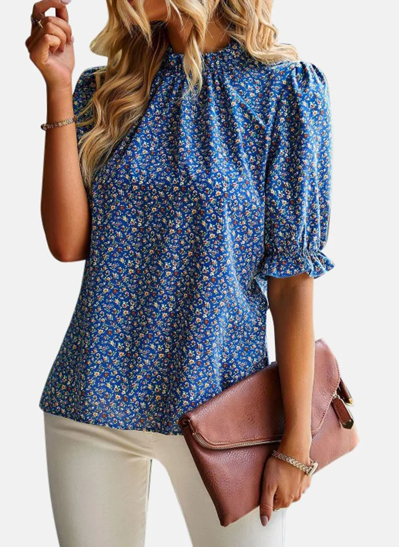 YUNIQEE Blue High Neck Printed Top