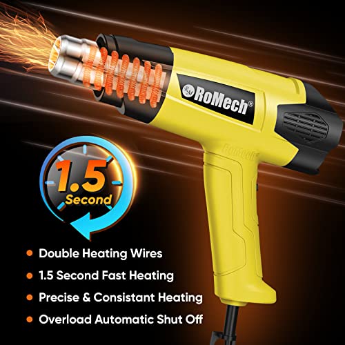 ROMECH 1500W Heavy Duty Heat Gun, Variable Temperature Control Hot Air Gun Kit with 2 Air Flow 120°F~1200°F and 4 Nozzles for Crafts Shrink Wrap (Yellow) - Image 3