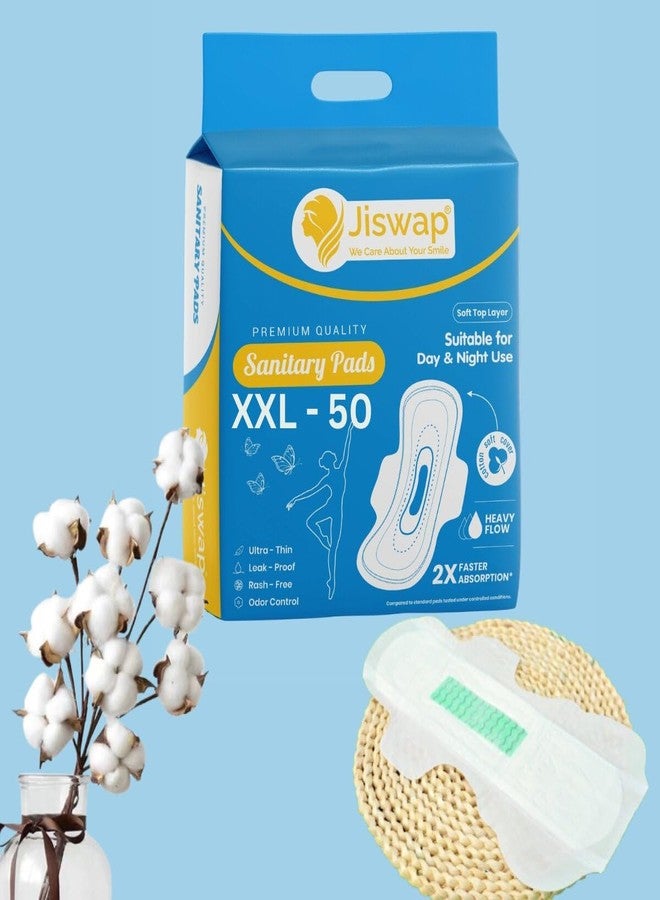 Jiswap XXL Rash-Free Sanitary Pads for Women | Heavy Flow Protection | Ultra Soft & Super Absorbent | 2X Faster Absorption | Leak-Proof Extra Long Pads for Day & Night Use – Pack of 50 - Image 1