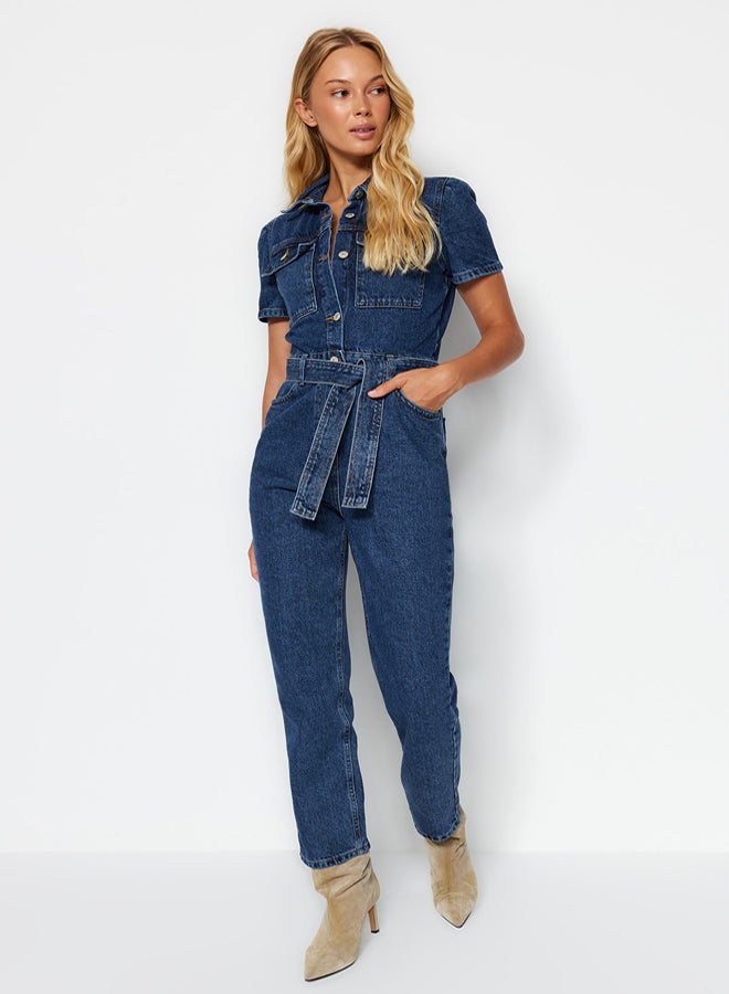 trendyol Blue Belted Denim Overalls - Image 1