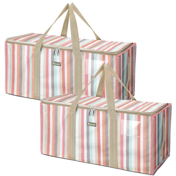 EXTRA LARGE STORAGE TOTE WITH ZIPPERS CARRYING HANDLES HEAVYDUTY OXFORD FABRIC MOVING BAGS FOR LAUNDRY SPACE SAVING STORAGE 2PACK COLOR STRIPE