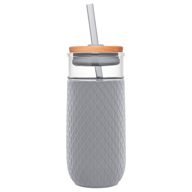 Ello Devon Glass Tumbler, Protective No Sweat Silicone Sleeve and Splash Proof Wooden Detail Lid with Straw, 18 oz - Image 1