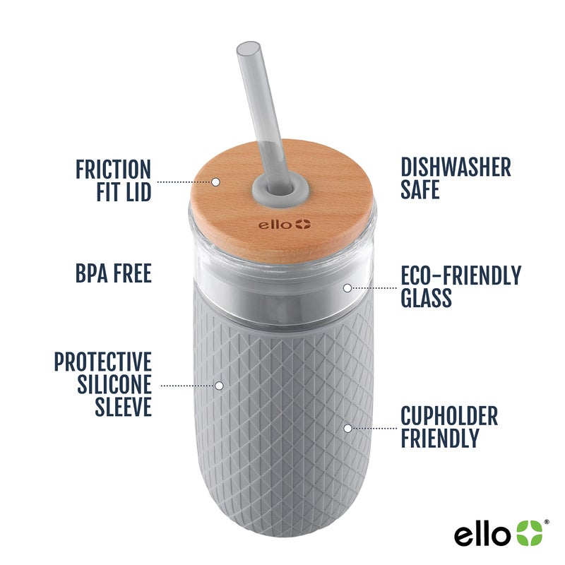 Ello Devon Glass Tumbler, Protective No Sweat Silicone Sleeve and Splash Proof Wooden Detail Lid with Straw, 18 oz - Image 2